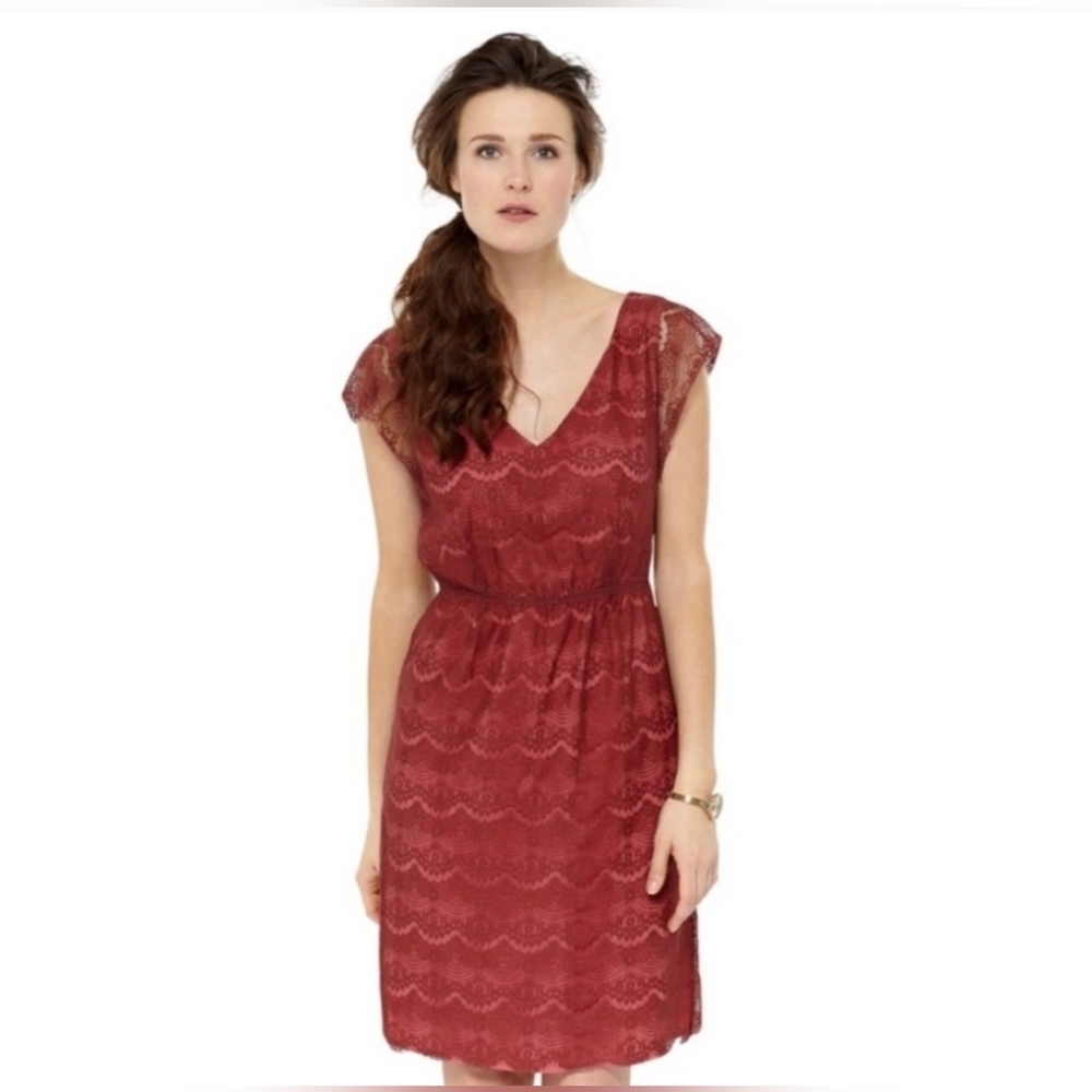 Fossil Penny Lace Dress XS Wine Red V Neck Cap Sleeve Cottagecore Date Night